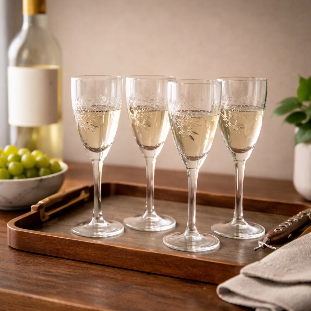 Vintage Etched Grape Vine Clear Glass Wine Goblets Set‎ of 4 Stemware 7 Inch